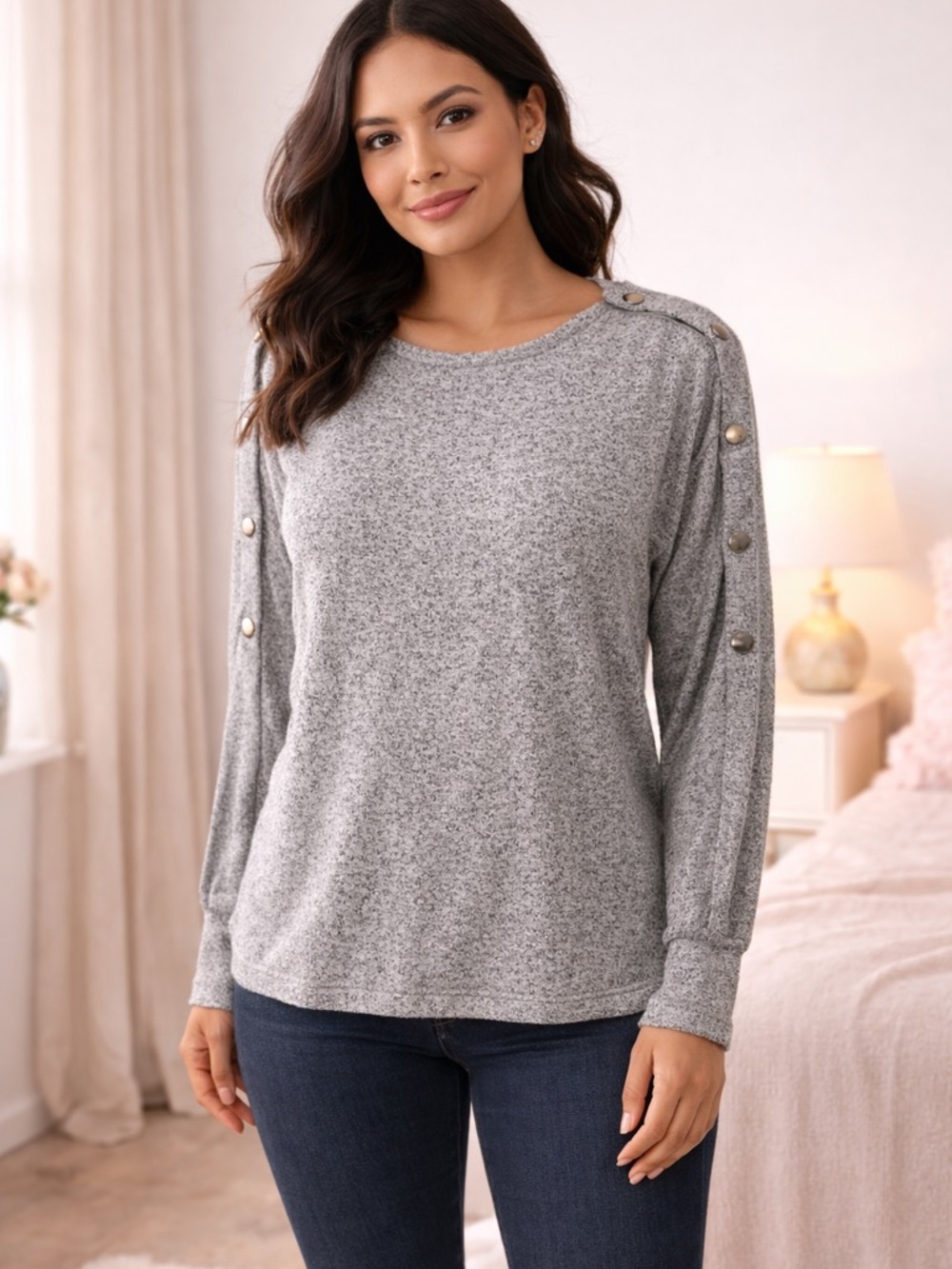 Verve Ami Heather Gray Crewneck Long Sleeve Top with Button Trim
